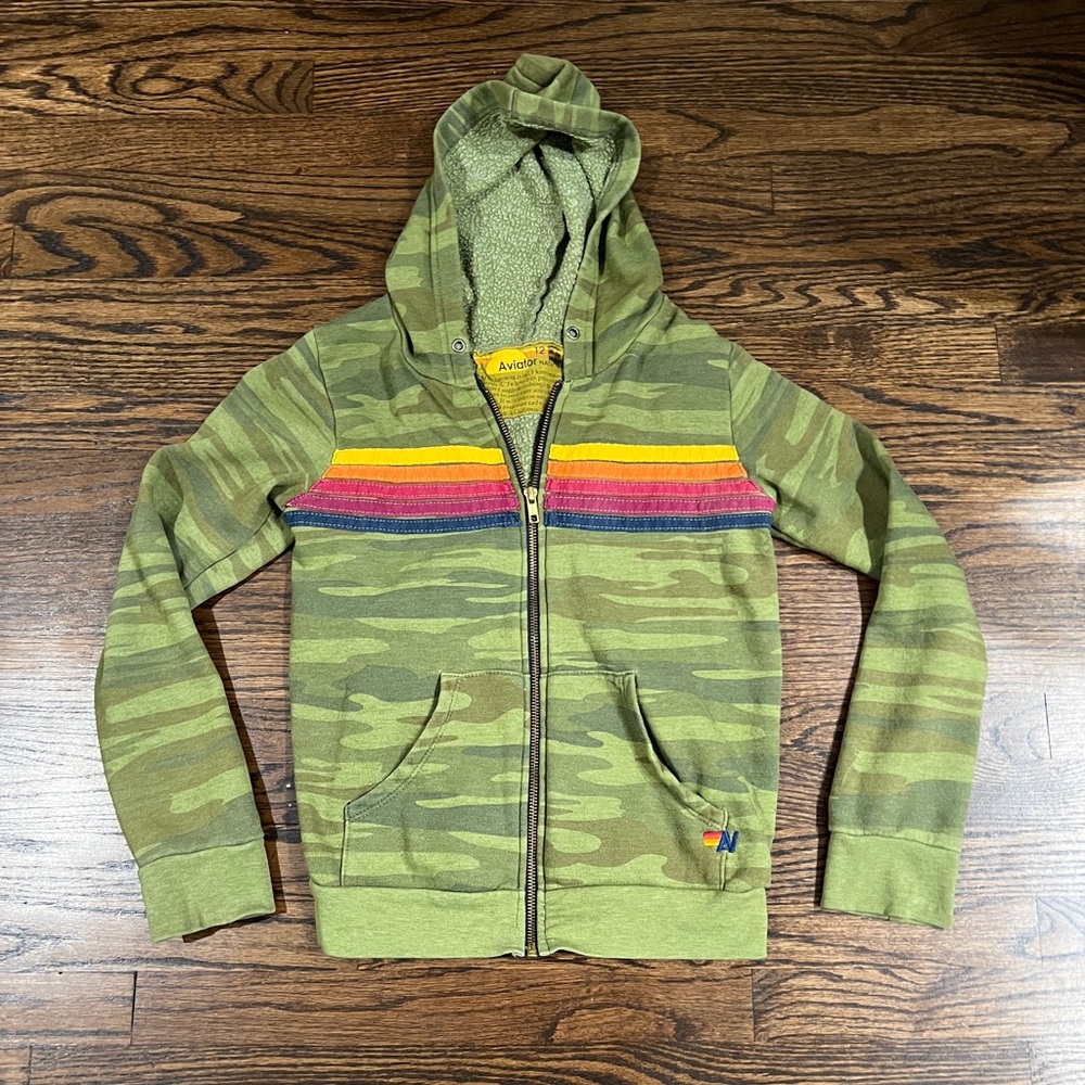 Aviator Nation green camouflage rainbow zipper hoodie sweatshirt size 12